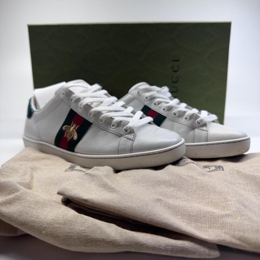 Gucci Ace Bee Shoes Womens Size 8 White Leather Web Stripe Low Top Sneakers